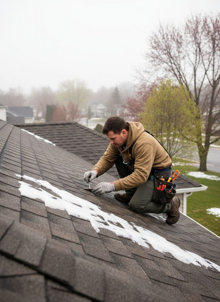Roofing technician performing a spring roof maintenance inspection after the freeze-thaw season on a residential home in Pennsylvania