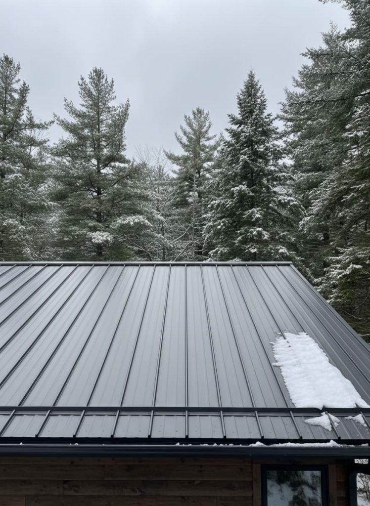 Standing seam metal roof on a residential home in the Pocono Mountains, PA — dark gray steel panels