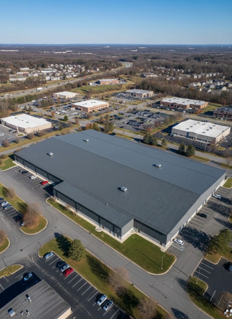 Standing seam metal roofing on a commercial warehouse in Pennsylvania