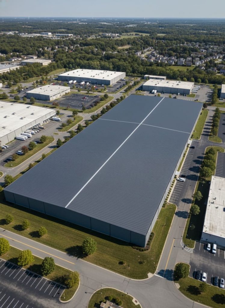 Standing seam metal roofing on a commercial warehouse in Pennsylvania