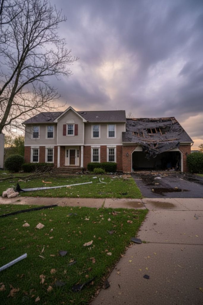 Storm-damaged residential roof in Pennsylvania with missing shingles and exposed decking after a severe thunderstorm