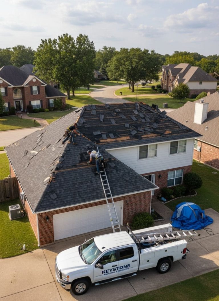 Monarch Contractors storm damage repair crew replacing shingles and repairing storm damage on a residential roof in Bensalem, PA