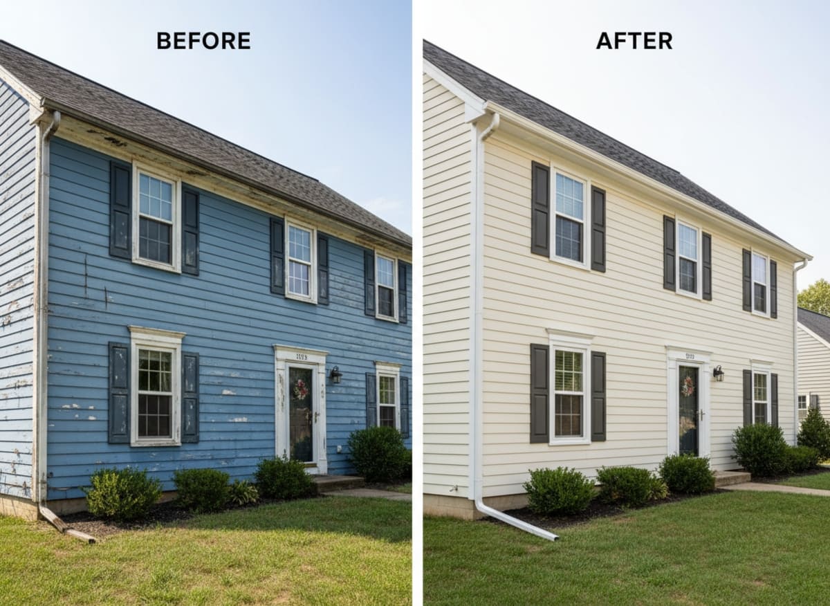 Before and after: deteriorated original wood siding replaced with fiber cement on a Victorian home in Stroudsburg Borough PA — ice-and-water shield and custom cornice profiles installed