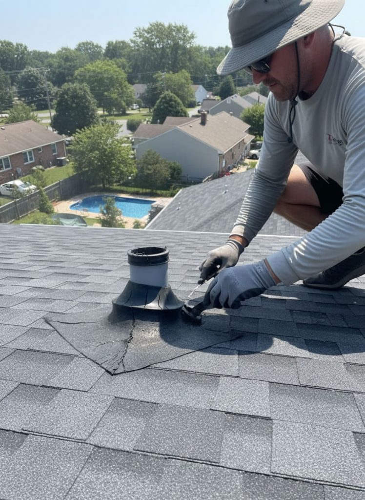 Roofing inspector checking pipe boot seals and shingle condition for UV damage during a summer roof maintenance visit in South Jersey