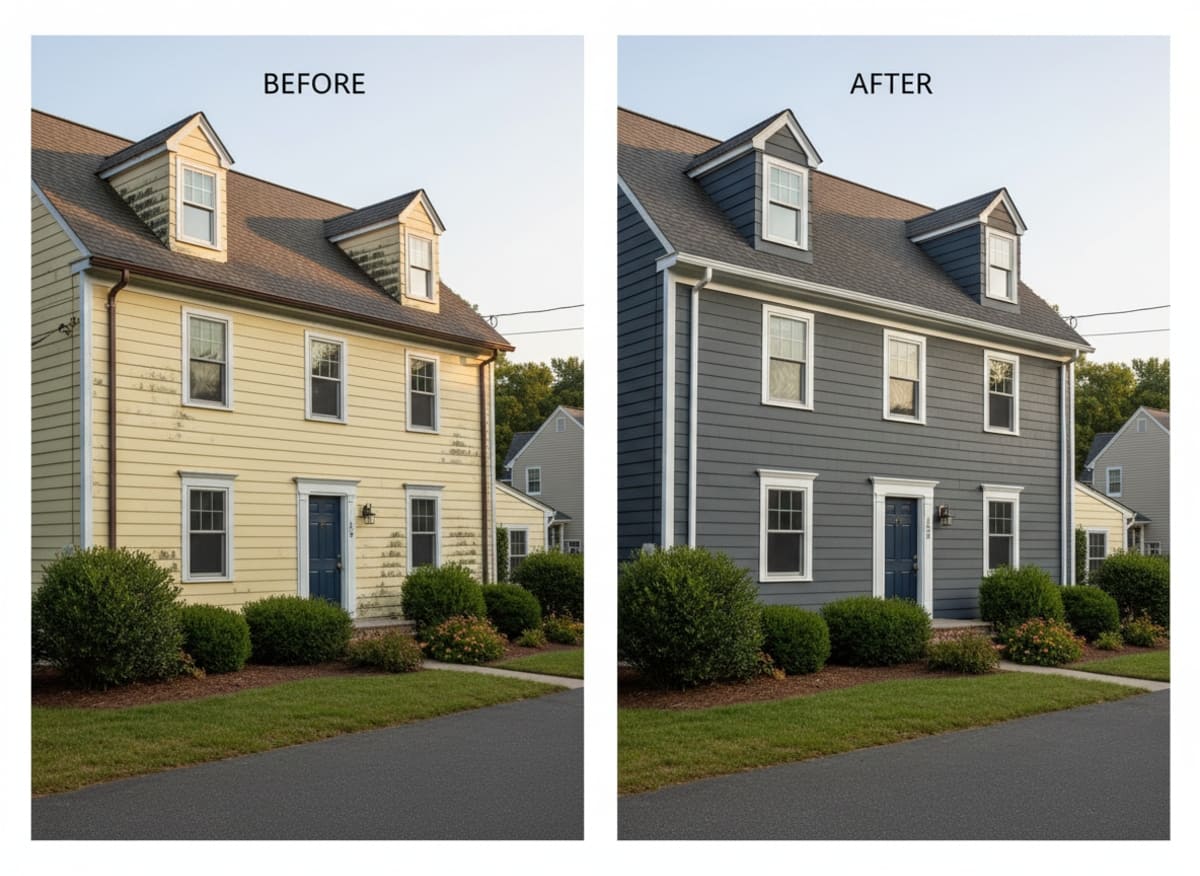 Before and after: ski-season damaged vinyl replaced with metal panels on an A-frame vacation rental in Tannersville PA — reinforced snow load fastening and full ice-and-water shield