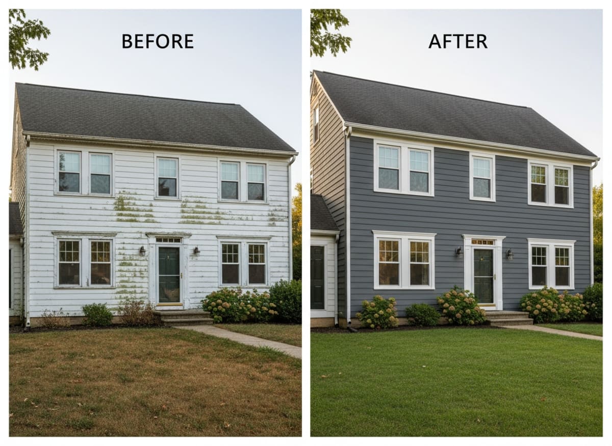 Before and after: warped 1970s vinyl replaced with fiber cement on a Colonial home in Warminster PA — full moisture barrier and ice-and-water shield installed