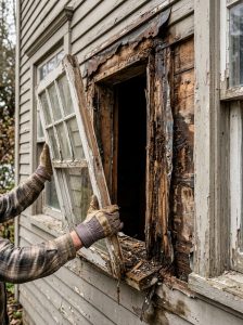Close-up of a deteriorated window frame being removed to reveal rotted wood framing, failed flashing, and moisture damage around the rough opening