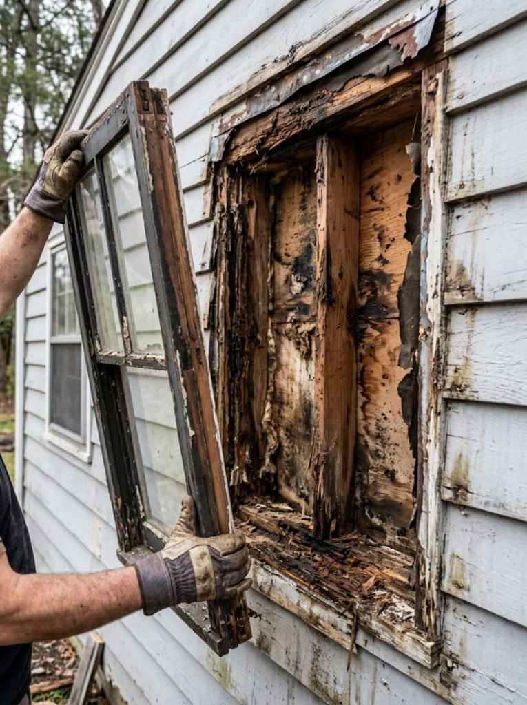 Close-up of a deteriorated window frame being removed to reveal rotted wood framing, failed flashing, and moisture damage around the rough opening