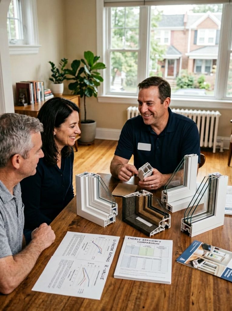Contractor showing window frame and glass samples to a homeowner during an in-home consultation — double-hung and casement window profiles on display