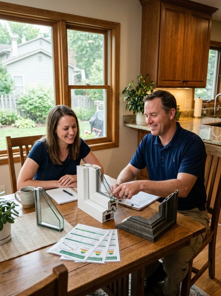 Contractor showing window frame and glass samples to a homeowner during an in-home consultation — double-hung and casement window profiles on display