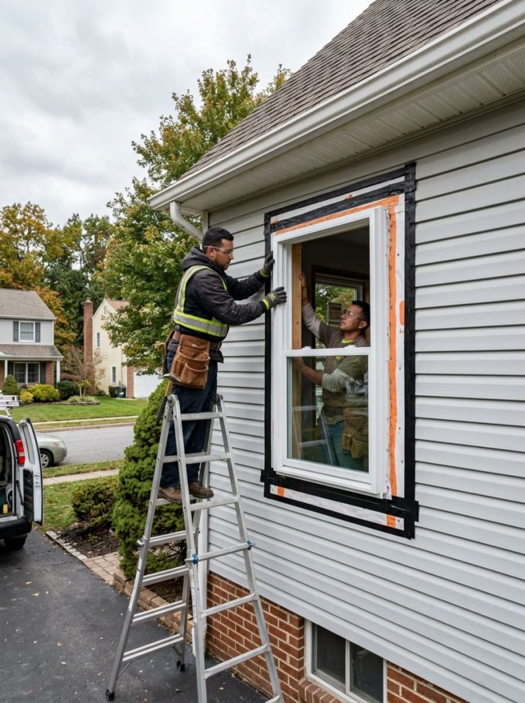 Professional window installation crew fitting a new double-hung window into a prepared opening on a two-story home exterior — flashing tape and weather barrier visible around the rough opening