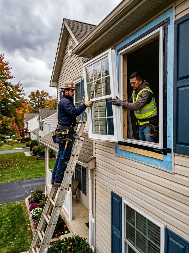 Professional window installation crew fitting a new double-hung window into a prepared opening on a two-story home exterior — flashing tape and weather barrier visible around the rough opening