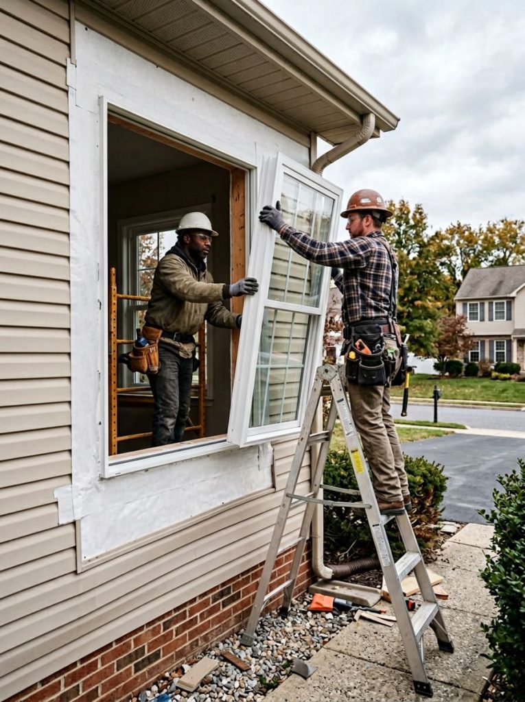 Professional window installation crew fitting a new double-hung window into a prepared opening on a two-story home exterior — flashing tape and weather barrier visible around the rough opening