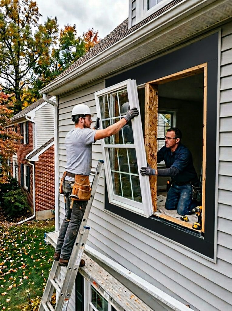 Professional window installation crew fitting a new double-hung window into a prepared opening on a two-story home exterior — flashing tape and weather barrier visible around the rough opening