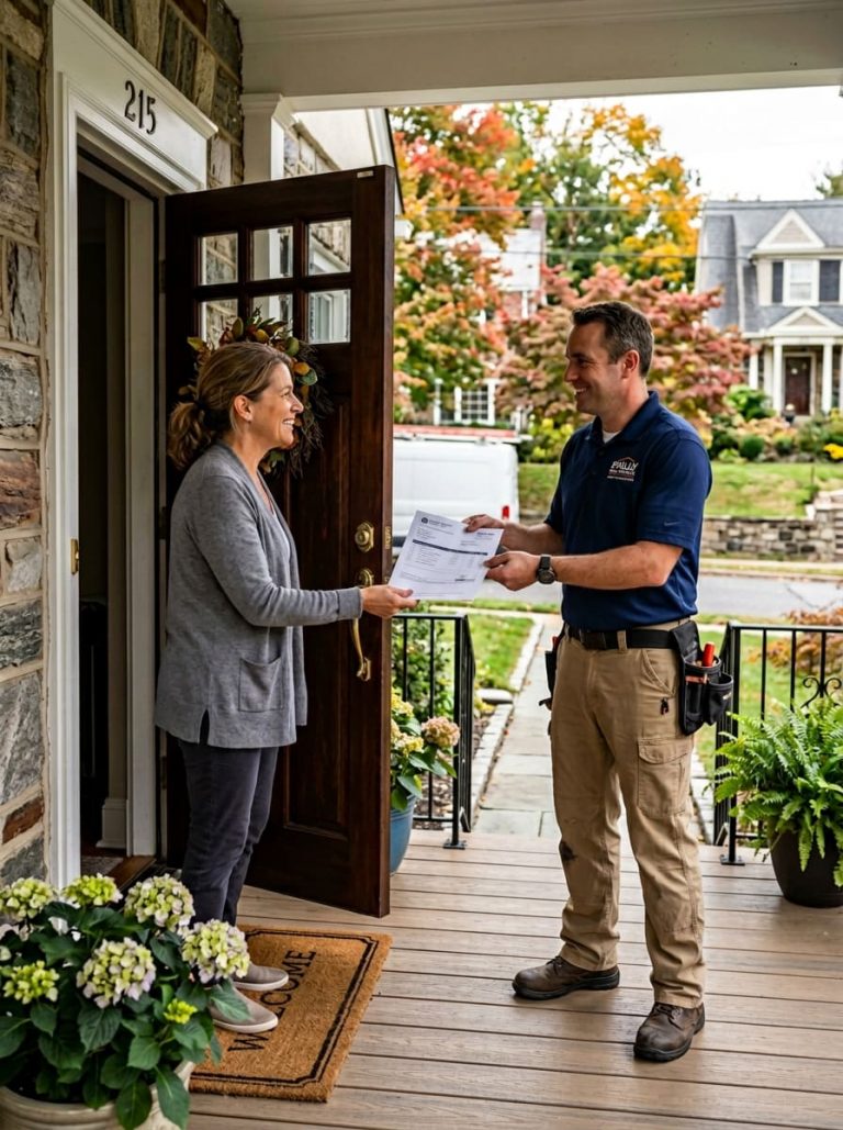 Contractor presenting a written itemized window replacement quote to a homeowner at their front door — printed estimate with visible line items for materials and labor