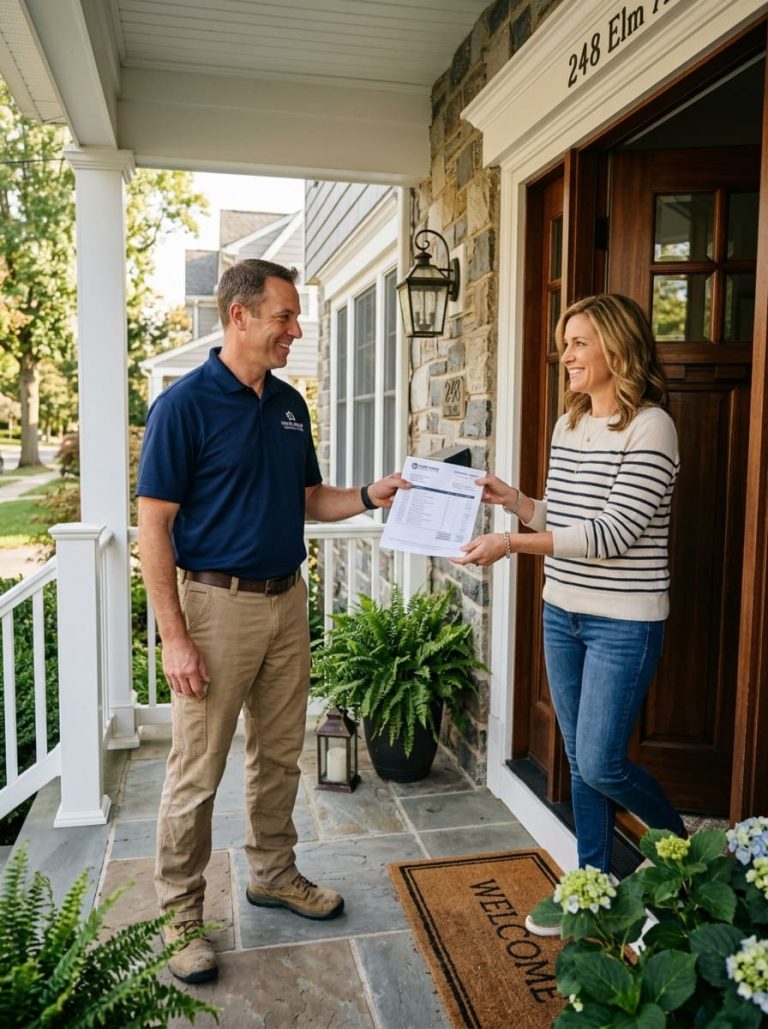 Contractor presenting a written itemized window replacement quote to a homeowner at their front door — printed estimate with visible line items for materials and labor