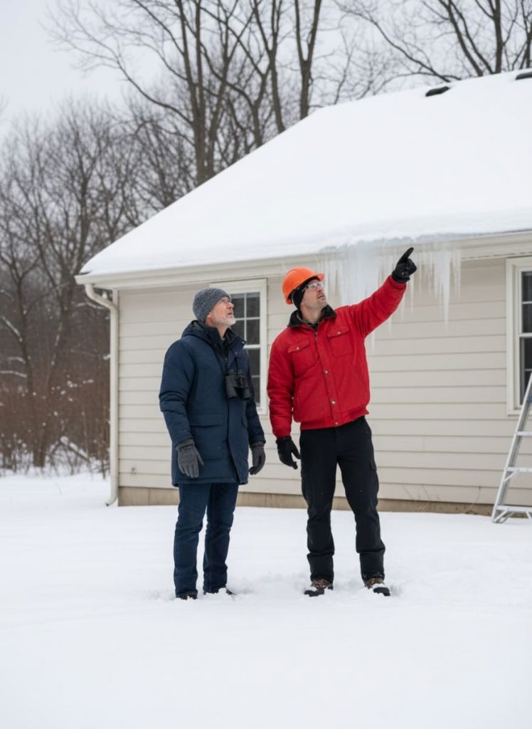 Homeowner monitoring roofline from yard during winter for ice dam formation after a snowstorm in Monroe County, Pennsylvania