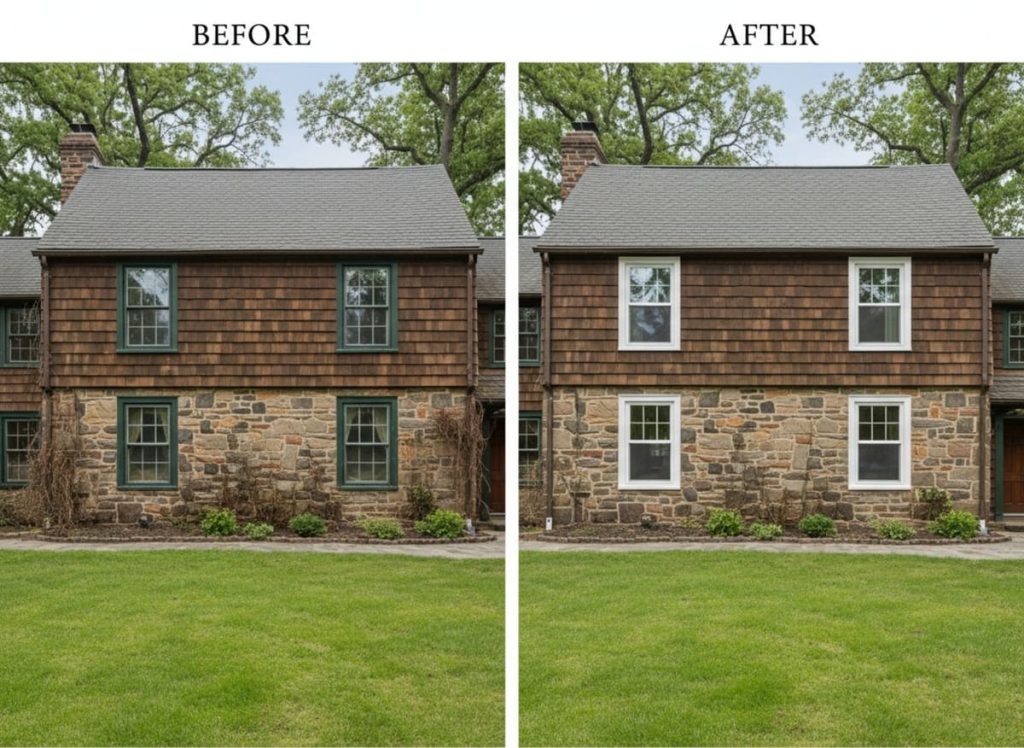 Before and after window replacement on a Victorian-era Keasbey & Mattison home in Ambler, PA — original wood double-hung sash replaced with profile-matched OKNA uPVC vinyl windows by Monarch Contractors