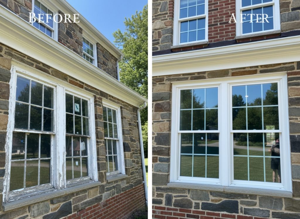 Before and after window replacement on a 1990s subdivision Colonial in Bartonsville, PA — original double-pane units replaced with OKNA double-hung uPVC vinyl windows by Monarch Contractors