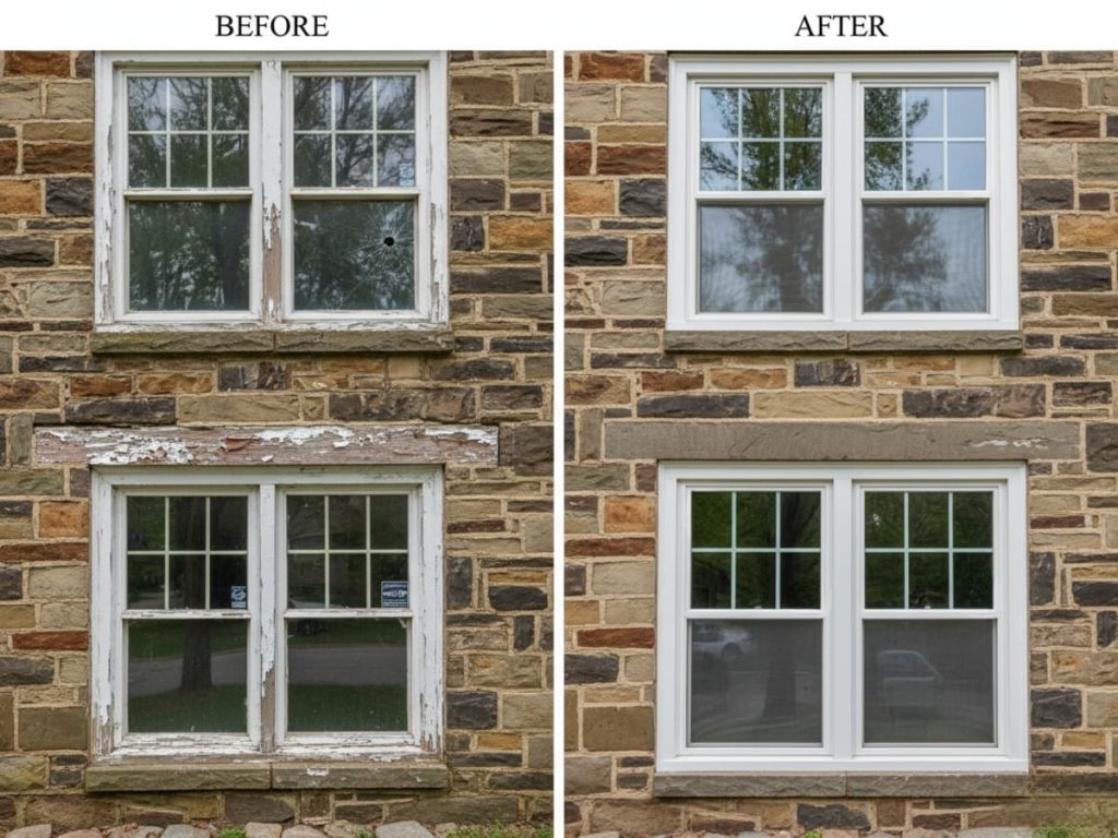 Before and after window replacement on a Wyncote Queen Anne home in Cheltenham Township, PA — original wood double-hung sash replaced with profile-matched OKNA uPVC vinyl windows after BHAR approval by Monarch Contractors