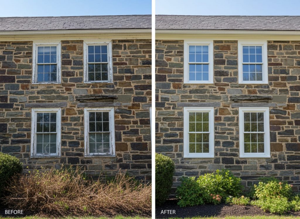 Before and after window replacement on a mid-century riverfront home in Cinnaminson, NJ — original aluminum-frame double-hungs replaced with OKNA double-hung uPVC vinyl windows with flood-resistant flashing by Monarch Contractors