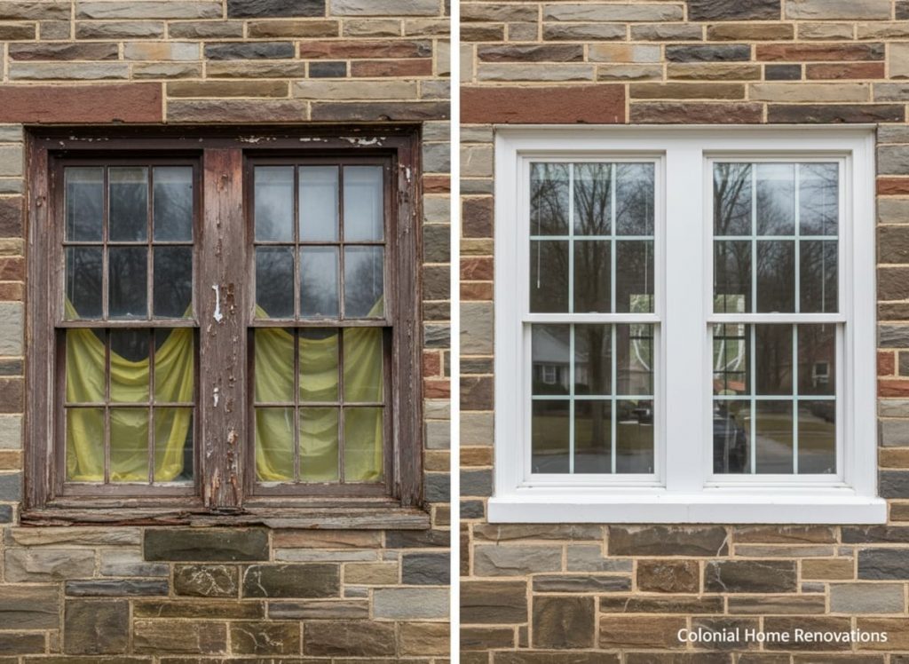 Before and after window replacement on a Fort Washington Colonial Revival home — original wood double-hungs replaced with OKNA double-hung uPVC vinyl units with laminated impact-rated glass by Monarch Contractors after Hurricane Ida tornado damage