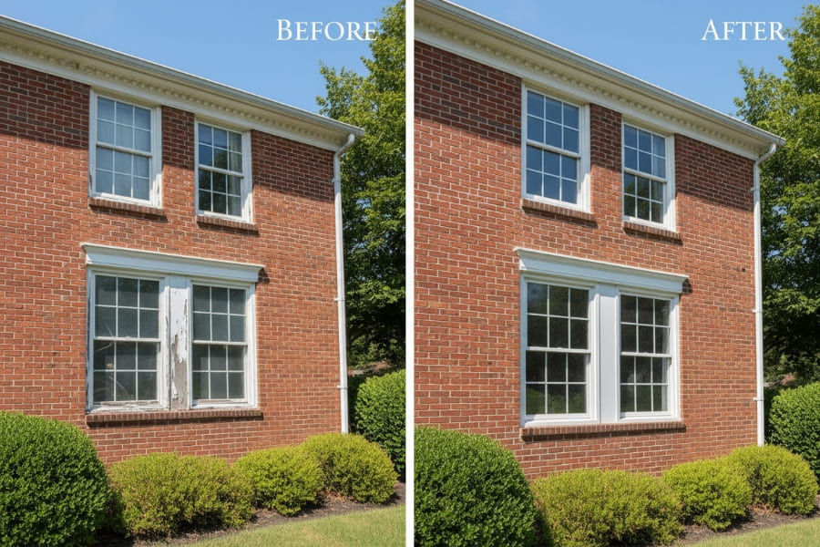Before and after window replacement on a Glenside American Foursquare home — original tall double-hung wood sash replaced with profile-matched OKNA uPVC vinyl windows by Monarch Contractors