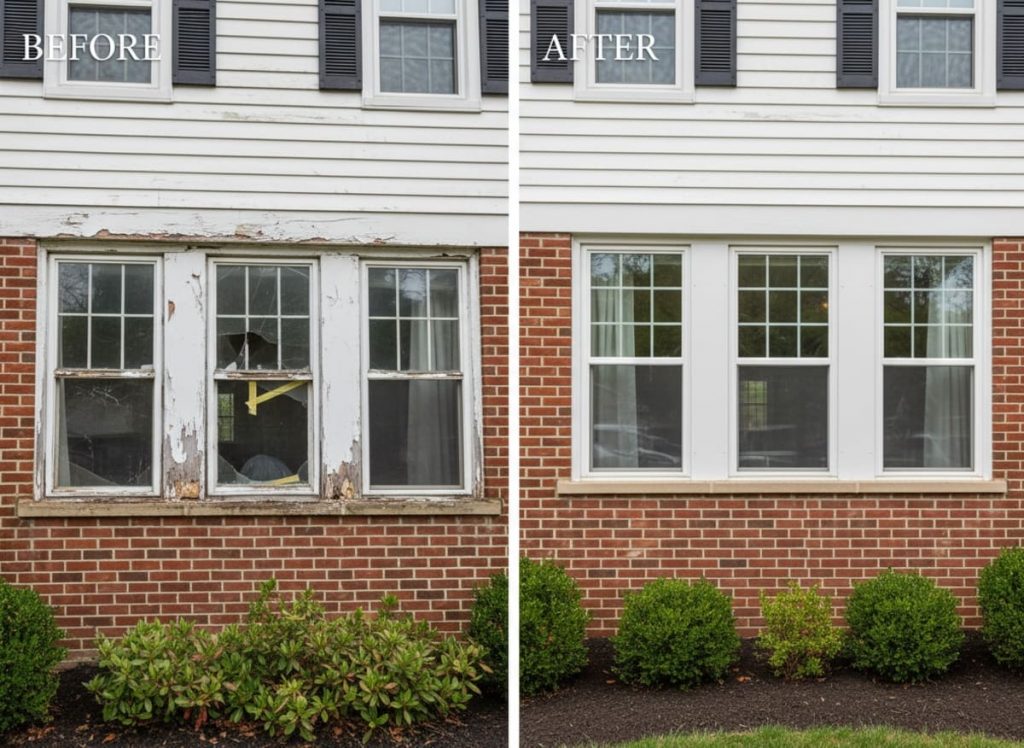 Before and after window replacement on a 1970s split-level home in Lindenwold, NJ — original aluminum-frame double-hungs replaced with OKNA double-hung uPVC vinyl windows by Monarch Contractors