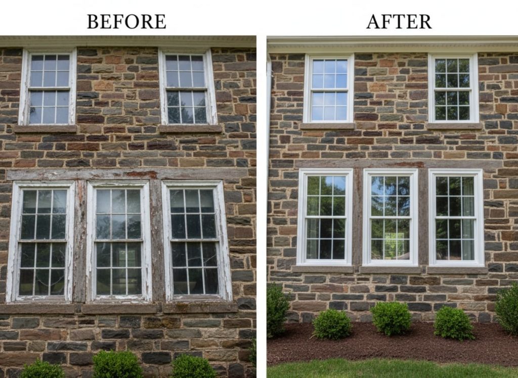 Before and after window replacement on a 1950s Heritage Village ranch in Marlton, NJ — original aluminum-frame double-hungs replaced with OKNA double-hung uPVC vinyl windows by Monarch Contractors