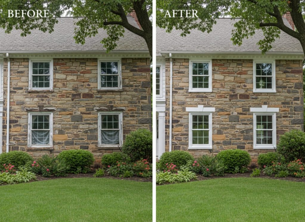 Before and after window replacement on a Saw Creek ski vacation home in Marshalls Creek, PA — original double-pane units replaced with OKNA double-hung uPVC vinyl windows by Monarch Contractors