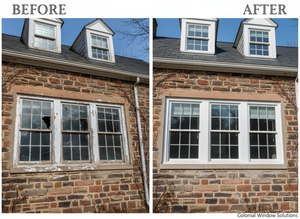Before and after window replacement on a Locust Lake Village short-term rental property in Pocono Lake, PA — original double-pane units replaced with OKNA double-hung uPVC vinyl windows with STR-grade hardware by Monarch Contractors