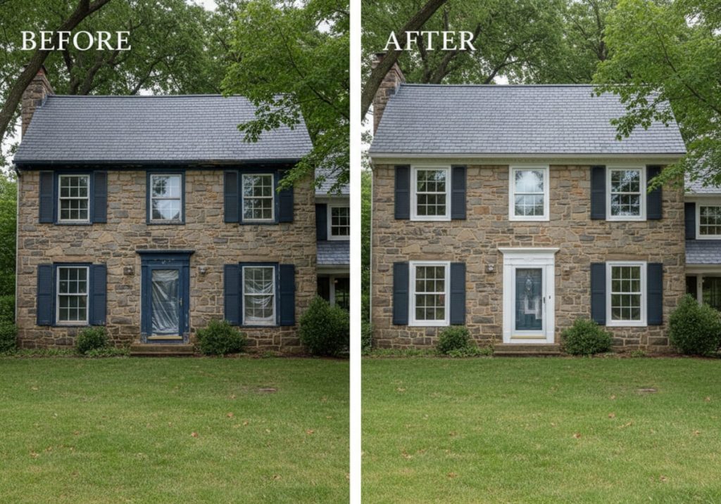 Before and after window replacement on a Lake Naomi chalet in Pocono Pines, PA — original double-pane units replaced with triple-pane Cold Climate Zone OKNA uPVC vinyl windows by Monarch Contractors