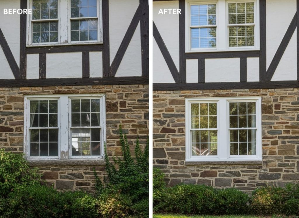 Before and after window replacement on a 1990s Center Hall Colonial in Richboro, PA — original aluminum-frame double-hungs replaced with OKNA double-hung uPVC vinyl windows by Monarch Contractors
