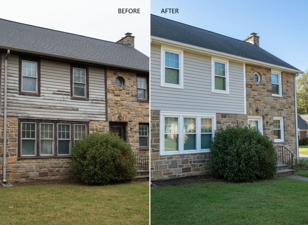 Before and after window replacement on a 1990s detached home in Scotrun, PA — original double-pane units replaced with OKNA double-hung uPVC vinyl windows by Monarch Contractors