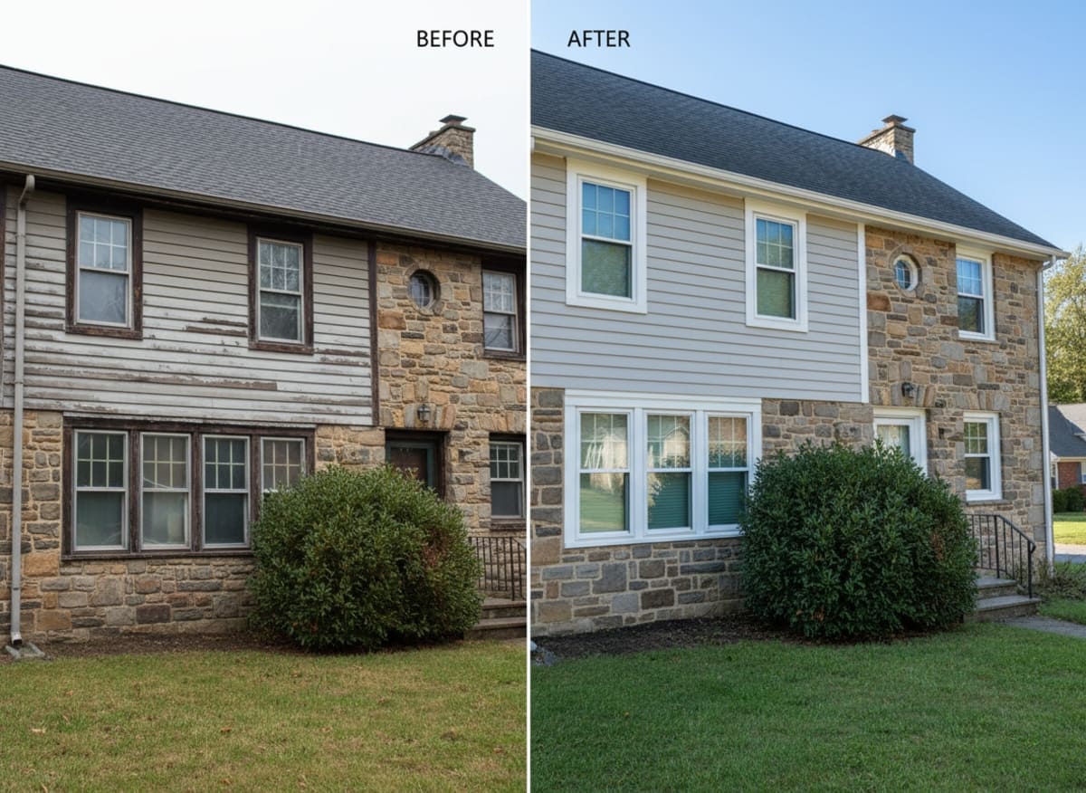 Before and after window replacement on a 1990s detached home in Scotrun, PA — original double-pane units replaced with OKNA double-hung uPVC vinyl windows by Monarch Contractors