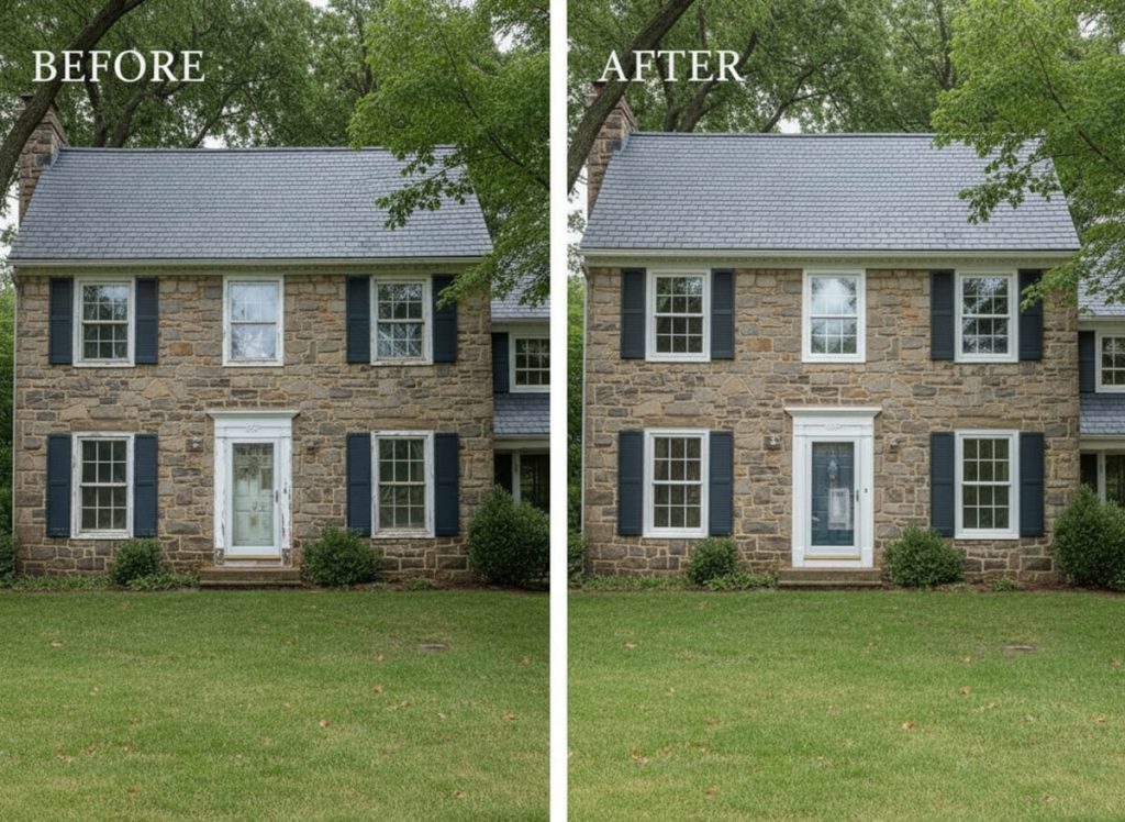 Before and after window replacement on a Mill Hill brick rowhouse in Trenton, NJ — original wood double-hung sash replaced with profile-matched OKNA uPVC vinyl windows after Landmarks Commission approval by Monarch Contractors
