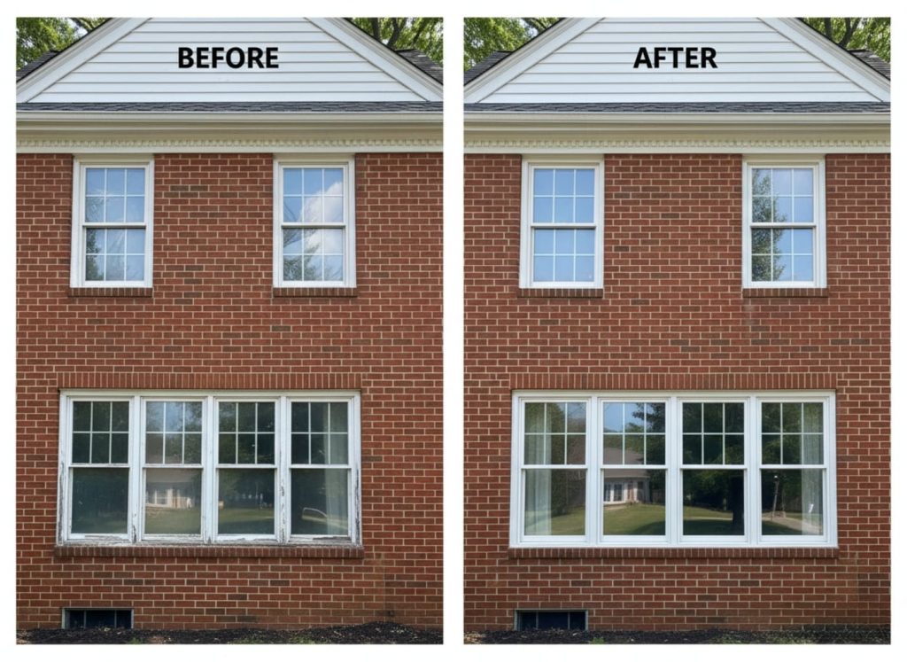 Before and after window replacement on a Willow Grove split-level home — original aluminum windows replaced with OKNA double-hung uPVC vinyl units with laminated sound-control glass by Monarch Contractors