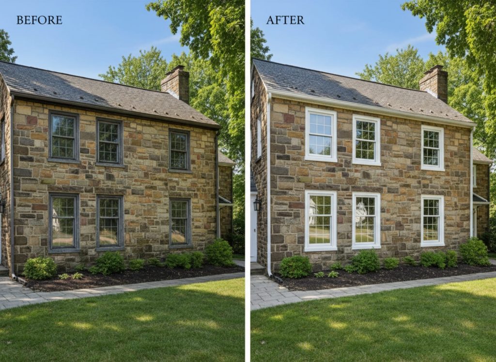 Before and after window replacement on a Yardley Historic District home — original wood double-hungs replaced with OKNA double-hung uPVC vinyl windows by Monarch Contractors in Bucks County, PA