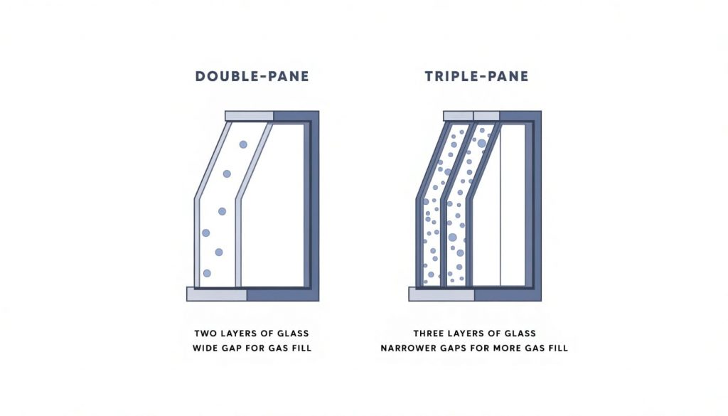 Diagram comparing argon gas in a wide half-inch double-pane gap and krypton gas in a narrow quarter-inch triple-pane gap