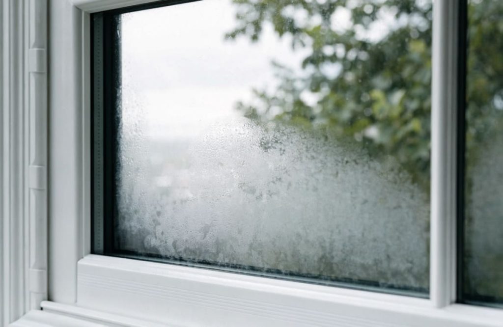 Foggy condensation trapped between the panes of a double-pane window indicating a failed insulating glass seal