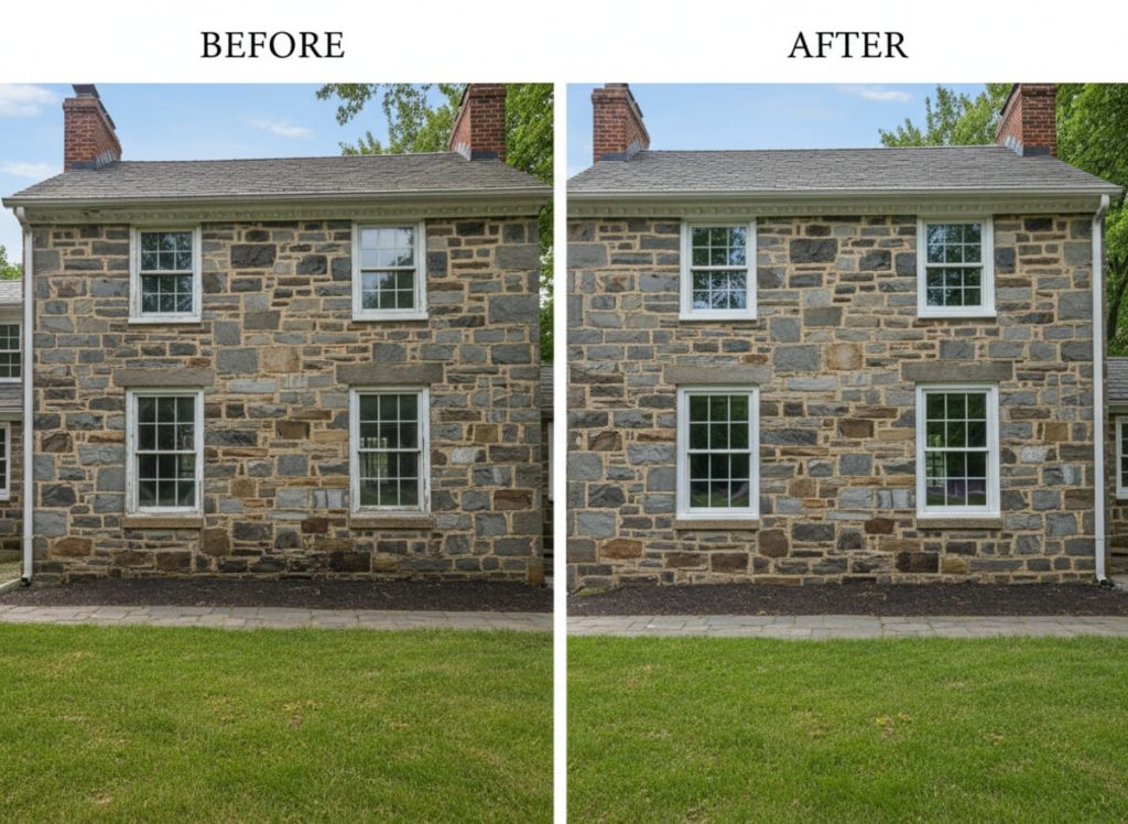 Before and after window replacement on a 1985 single-family in Dublin Hunt subdivision, Dublin Borough PA — OKNA double-hung vinyl windows installed by Monarch Contractors