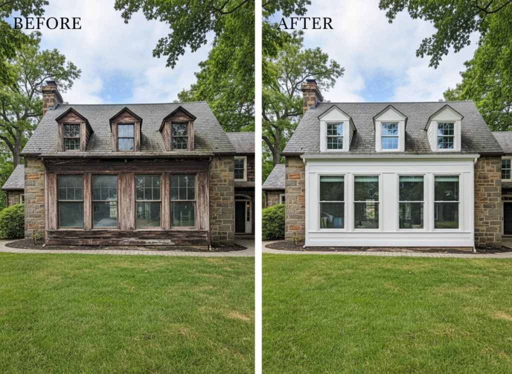 Before and after window replacement on a 1928 Colonial near Myers Elementary in Elkins Park PA — OKNA double-hung vinyl windows installed by Monarch Contractors
