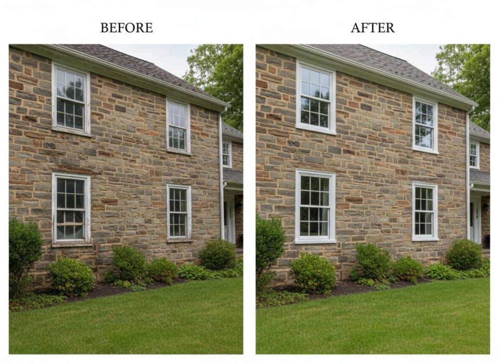 Before and after window replacement on a 1940s Cape Cod in York Gardens, Hatboro Borough PA — OKNA double-hung vinyl windows installed by Monarch Contractors
