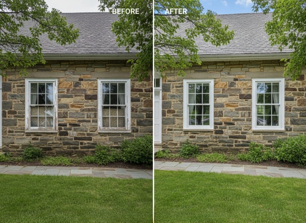 Before and after window replacement on a 1960s ranch home in Jamison Park, Warwick Township PA — OKNA double-hung vinyl windows installed by Monarch Contractors