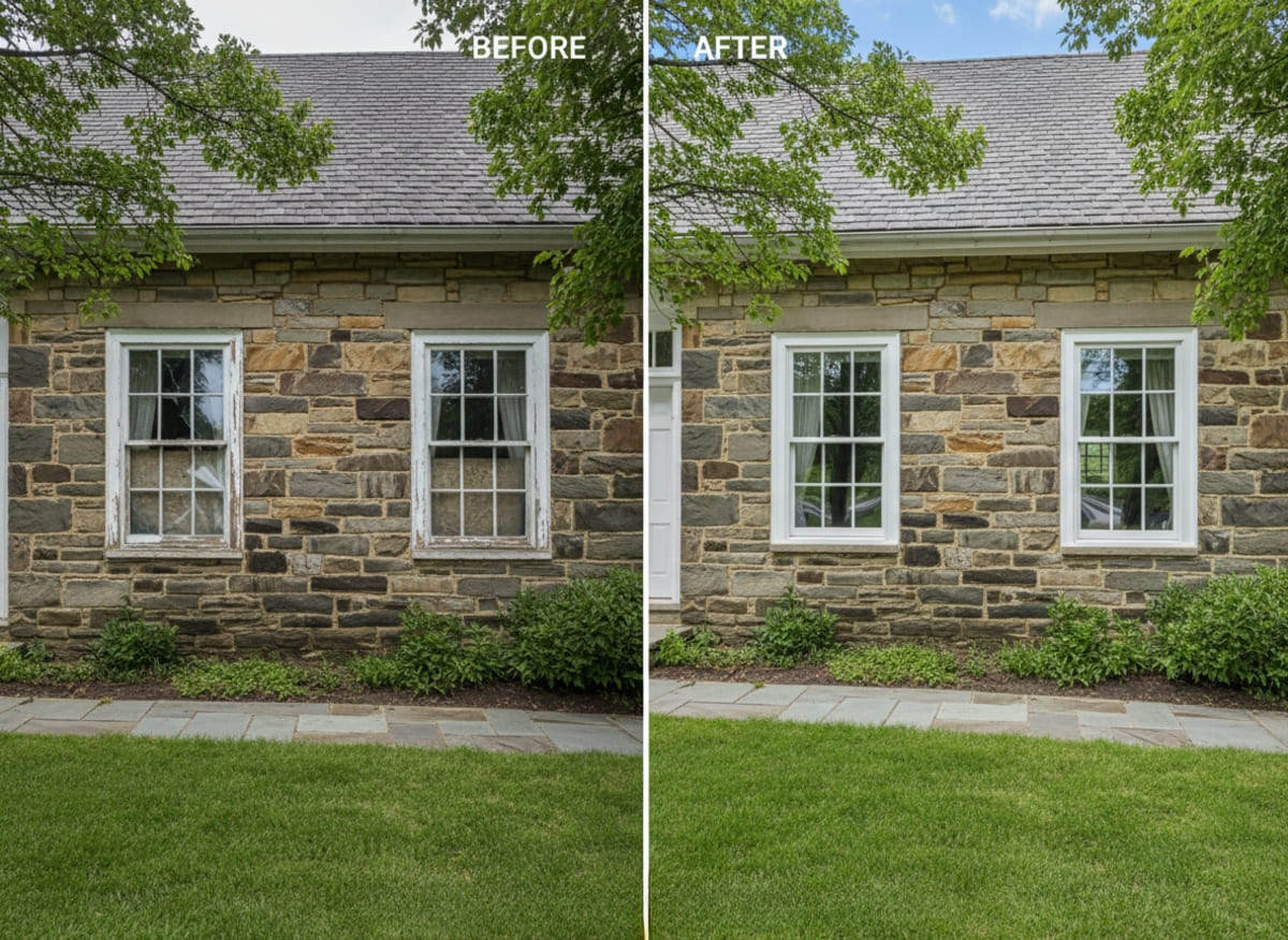 Before and after window replacement on a 1960s ranch home in Jamison Park, Warwick Township PA — OKNA double-hung vinyl windows installed by Monarch Contractors