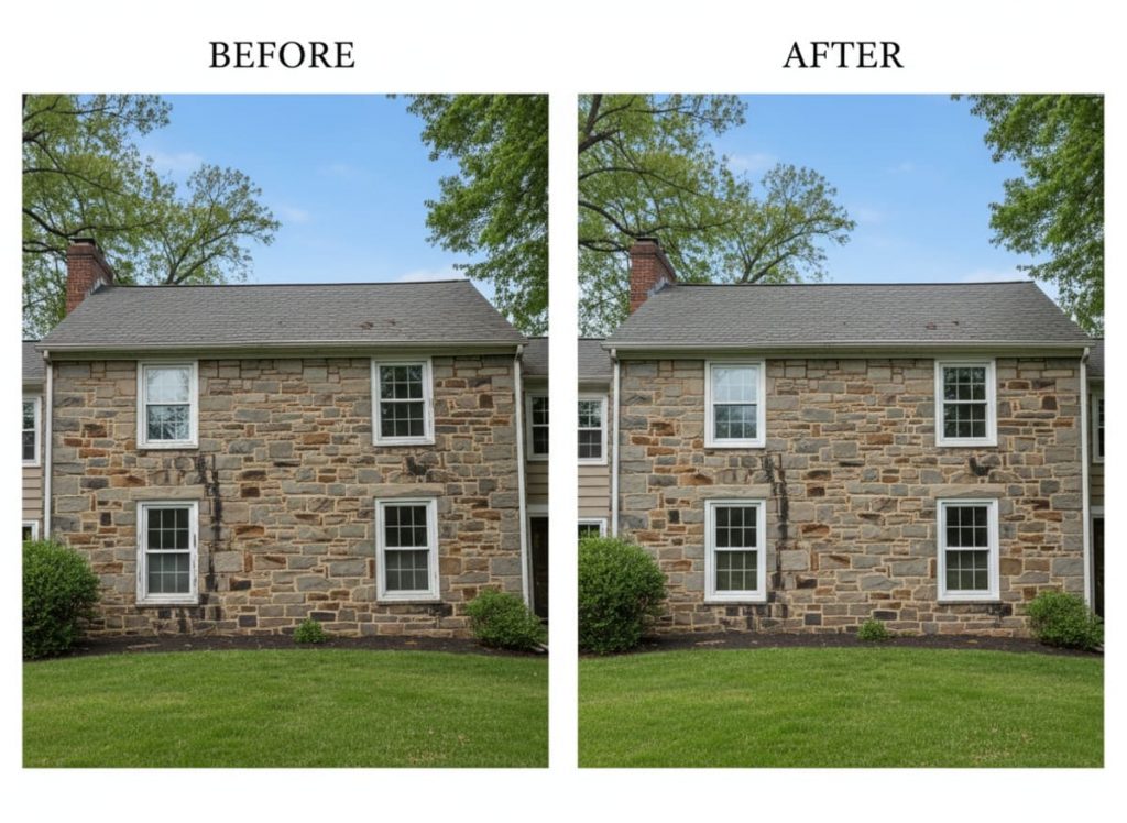 Before and after window replacement on a 1928 Spanish Revival home in the Hollywood neighborhood, Jenkintown PA — OKNA arched and casement vinyl windows installed by Monarch Contractors