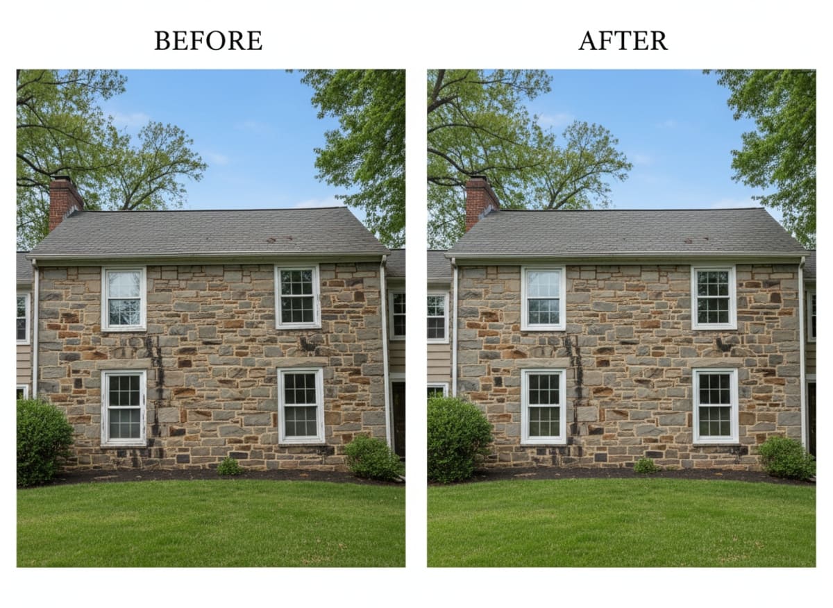 Before and after window replacement on a 1928 Spanish Revival home in the Hollywood neighborhood, Jenkintown PA — OKNA arched and casement vinyl windows installed by Monarch Contractors