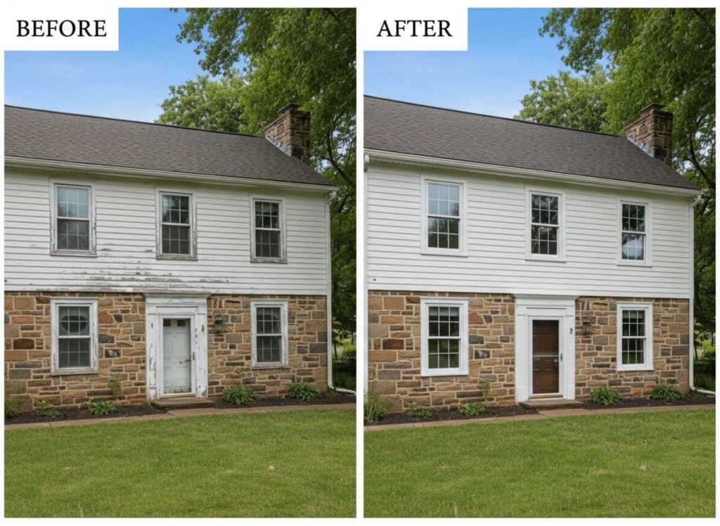 Before and after window replacement on a 1915 streetcar-era home in Highland Park, Morrisville Borough PA — OKNA double-hung vinyl windows installed by Monarch Contractors