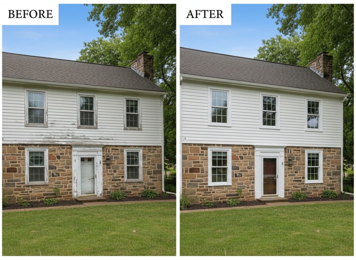 Before and after window replacement on a 1915 streetcar-era home in Highland Park, Morrisville Borough PA — OKNA double-hung vinyl windows installed by Monarch Contractors