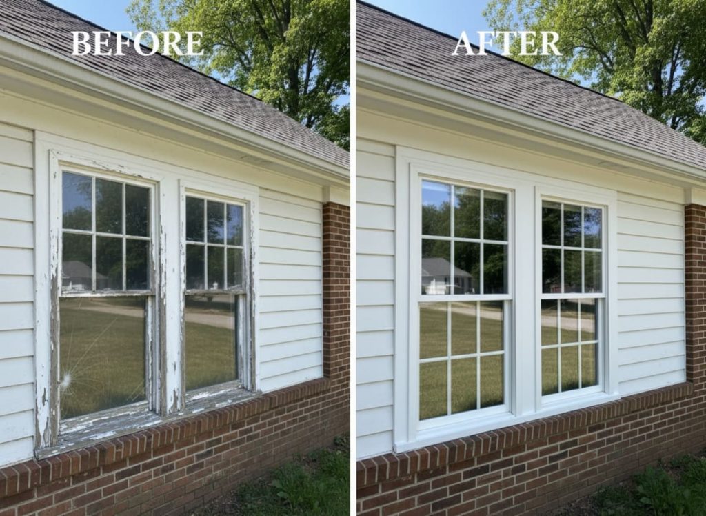 Before and after window replacement on a 1953 Cape Cod in Custis Woods, Oreland PA — OKNA double-hung vinyl windows installed by Monarch Contractors